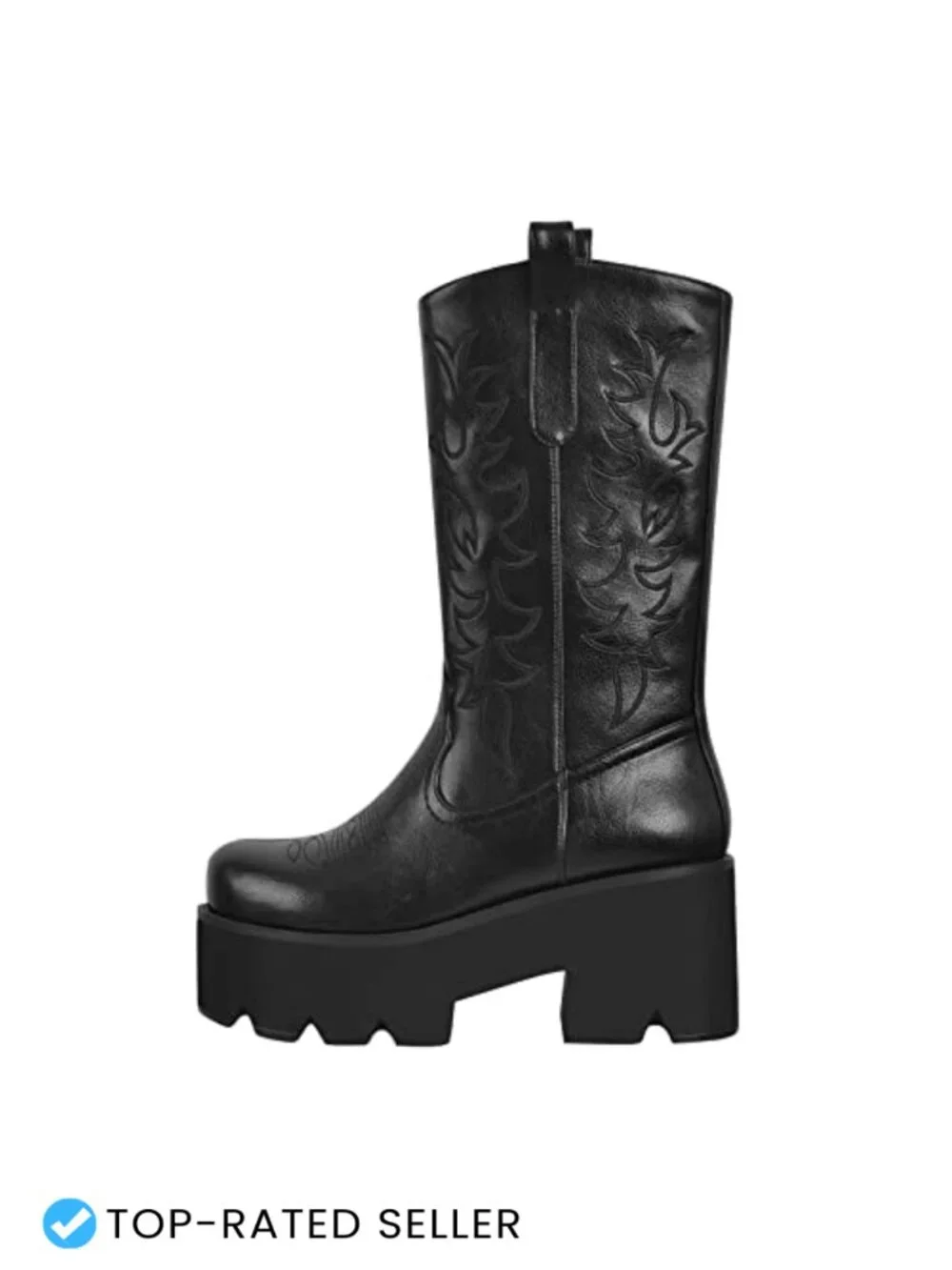 Vintage Embroidered Mid Calf Pull-On Boots for Women Chunky Heel